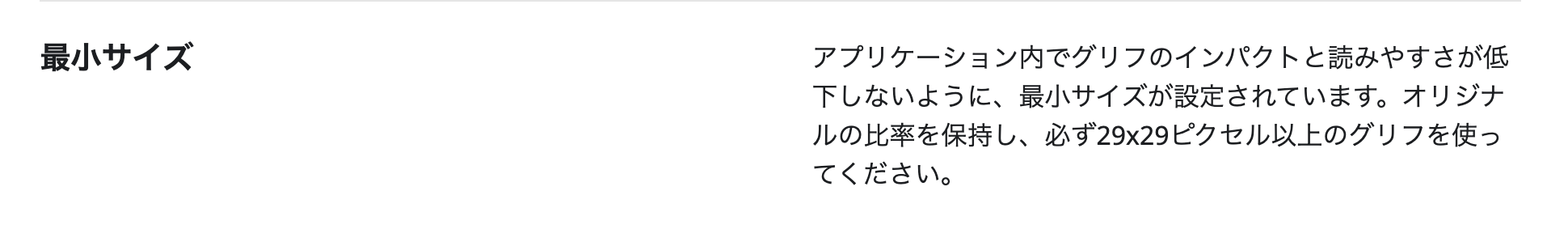 最小サイズ

アプリケーション内でグリフのインパクトと読みやすさが低下しないように、最小サイズが設定されています。オリジナルの比率を保持し、必ず29x29ピクセル以上のグリフを使ってください。